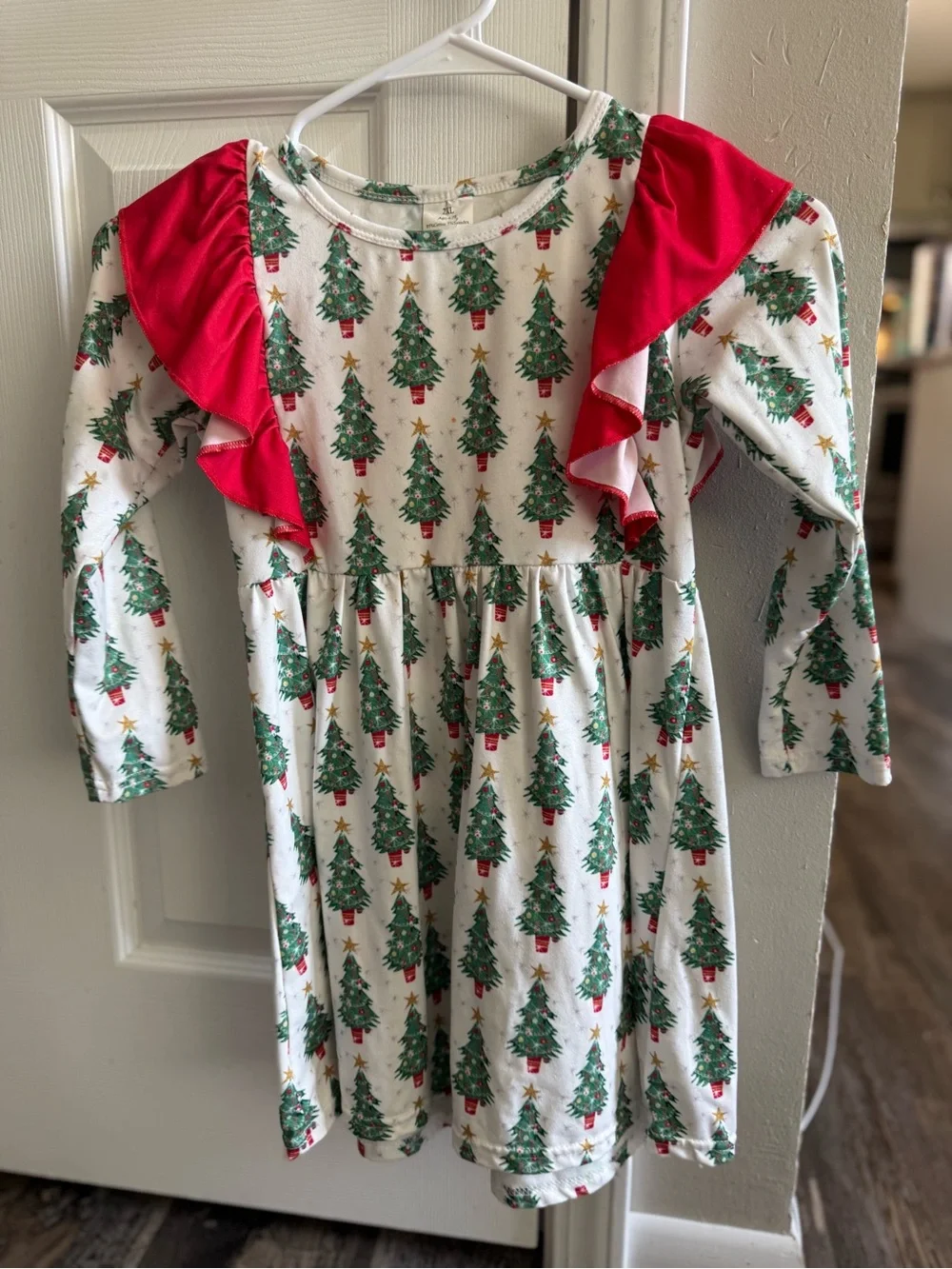 Girls White Holiday Tree Print Dress with Red Ruffle Shoulders
